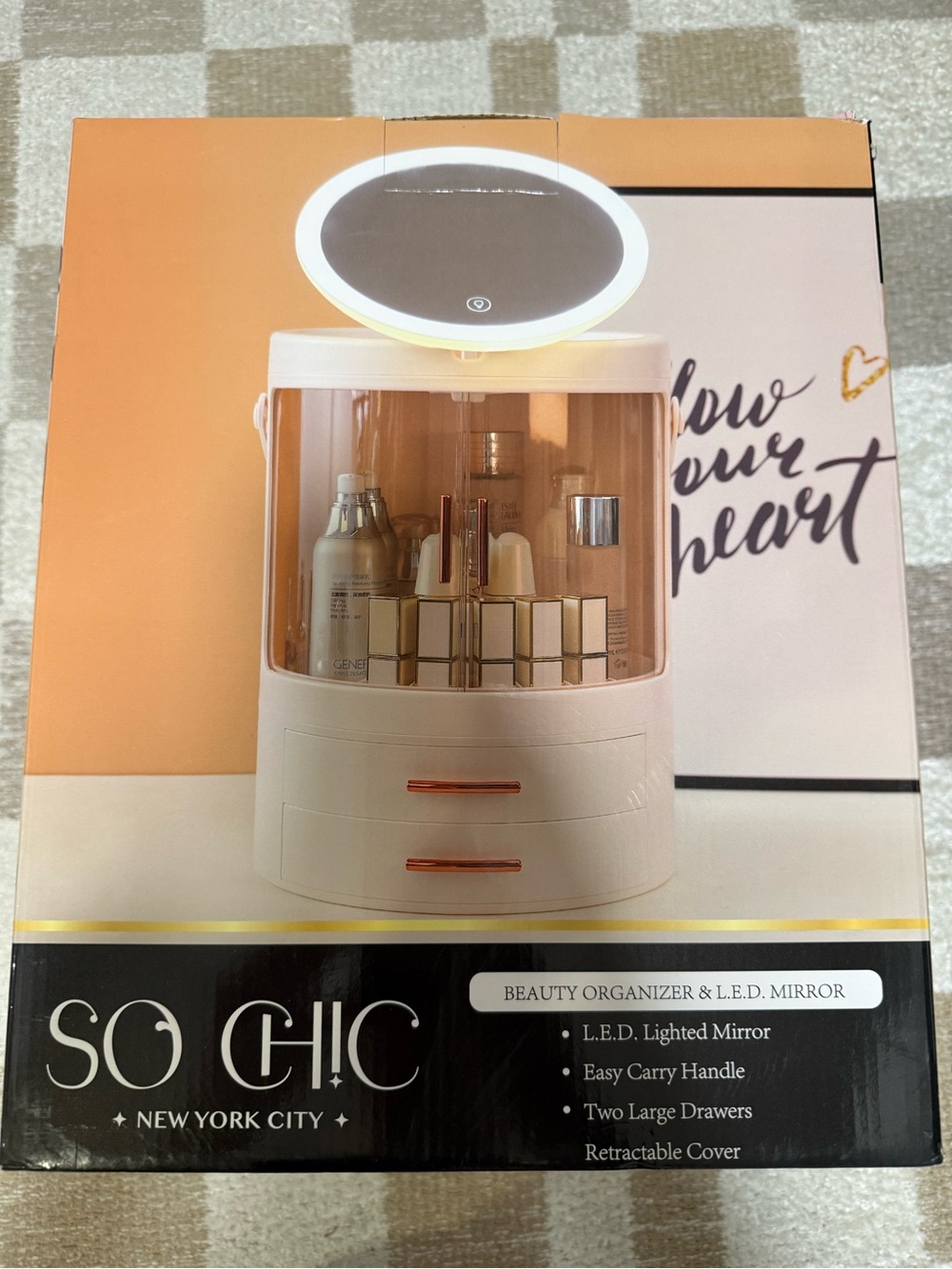 NIB SO CHIC White & Rose Gold Beauty Organizer with LED Mirror